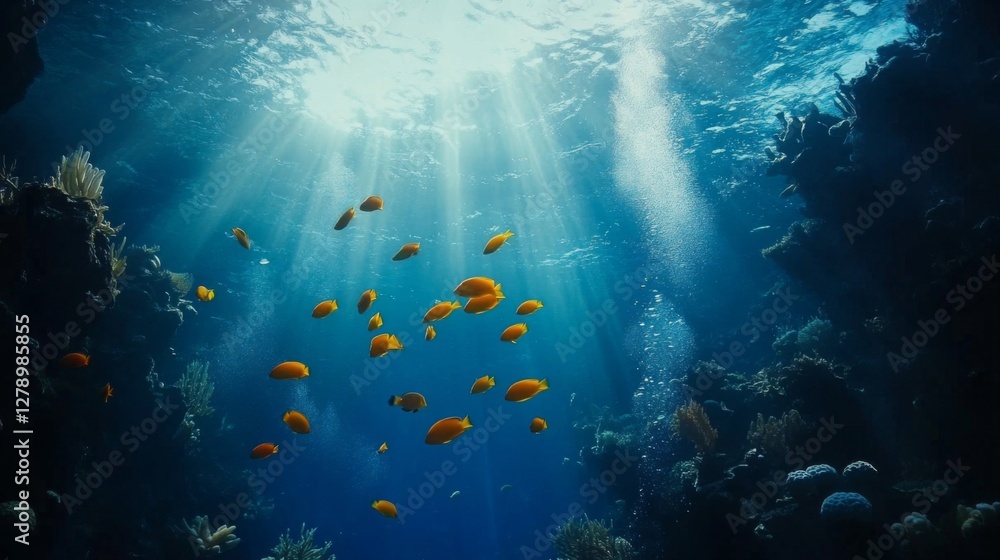 Fototapeta premium Underwater Scene of Orange Fish School near Coral Reef