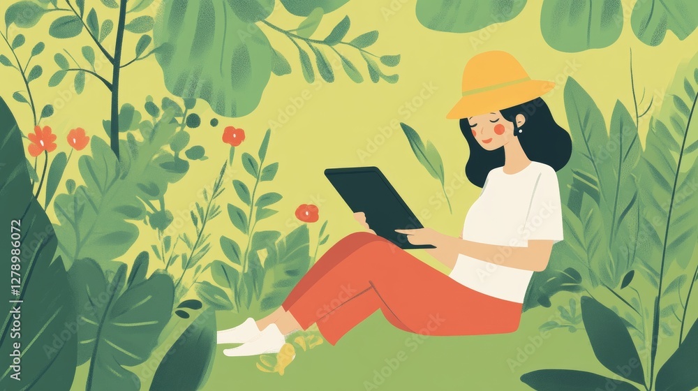 custom made wallpaper toronto digitalA woman from Asia works remotely in a park, using a tablet for a flexible work-life balance. As a happy digital nomad in nature, she enjoys the tranquility of working in a relaxing green environment.