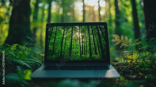 Fototapeta Naklejka Na Ścianę i Meble -  A laptop computer rests on a forest floor, surrounded by leaves and twigs, showcasing the contrast between technology and nature.