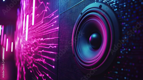 A stereo speaker in a nightclub setting with sound waves pulsing in sync with the music.