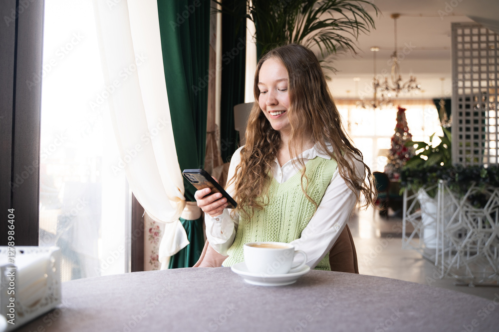 Curly-haired woman in casual sitting in a cafe, holding a freshly brewed cup of coffee while looking at her smartphone with a smile. Connection, coffee culture, digital communication, social media. Curly-haired woman in casual sitting in a cafe, holding a freshly brewed cup of coffee while looking at her smartphone with a smile. Connection, coffee culture, digital communication, social media.
