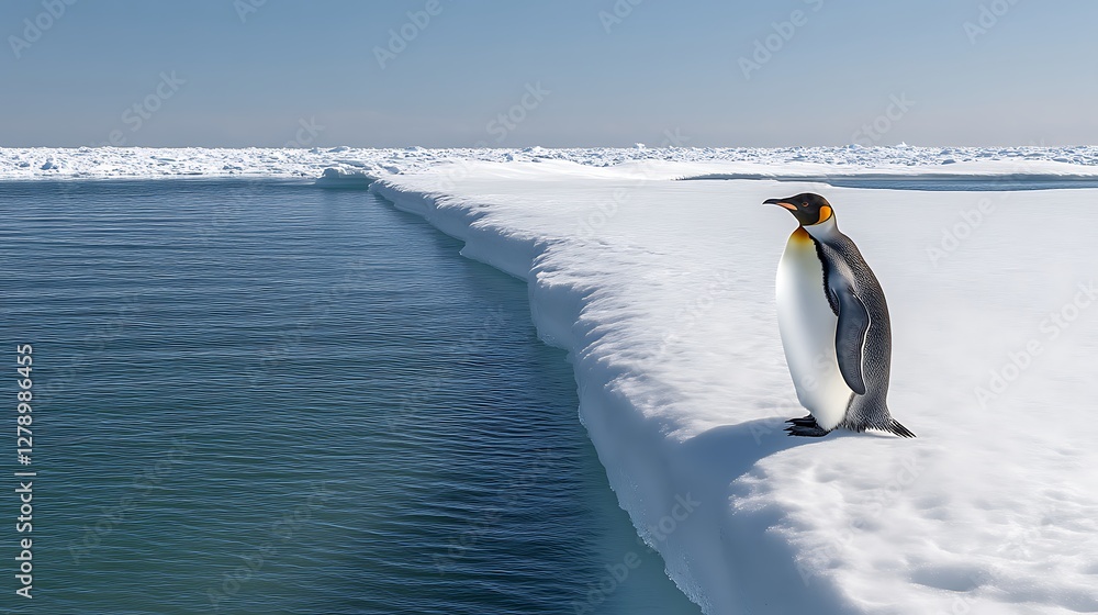 Obraz premium A solitary penguin stands on the edge of an icy shelf overlooking the ocean in a polar landscape