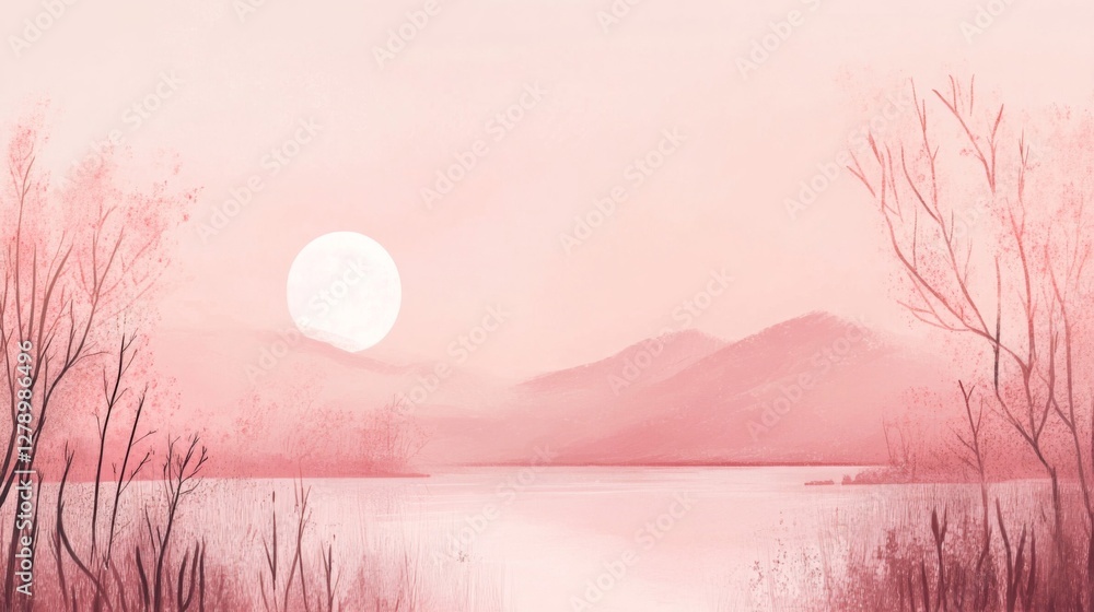 Fototapeta premium Pink Pastel Sunset Landscape with Lake and Mountains
