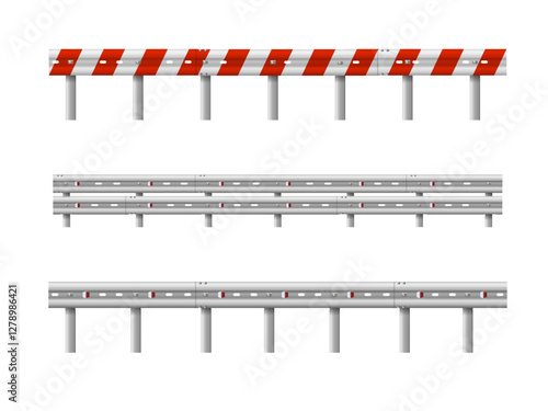Metallic road barrier fence. 3d roadblock for safety on highway. Metallic road barrier fence. Vector