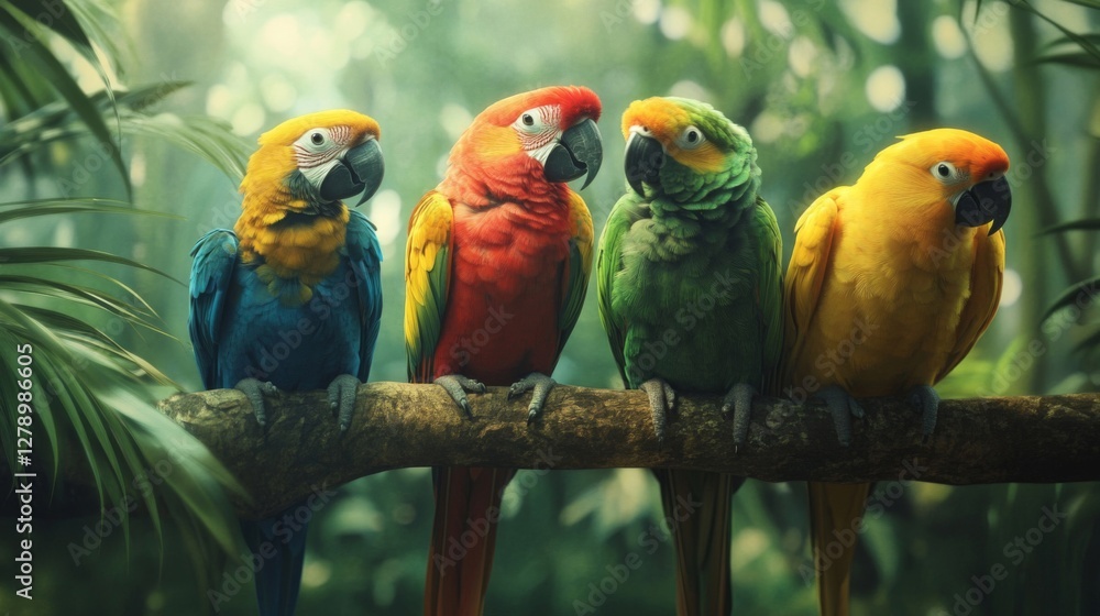 Fototapeta premium Four Colorful Parrots Perched on a Branch in Lush Tropical Foliage