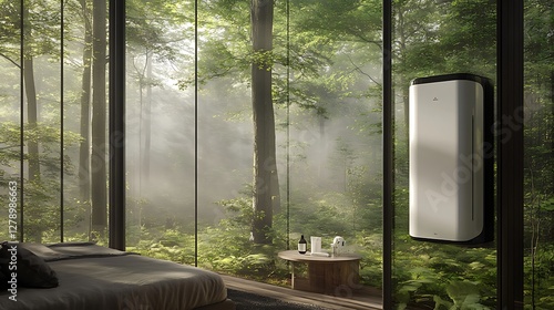 White wall air purifier sitting in a room with trees