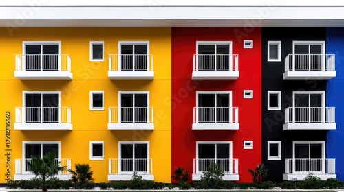 Colorful apartment building facade, bright exterior, modern design, residential complex, urban living, background of plants photo