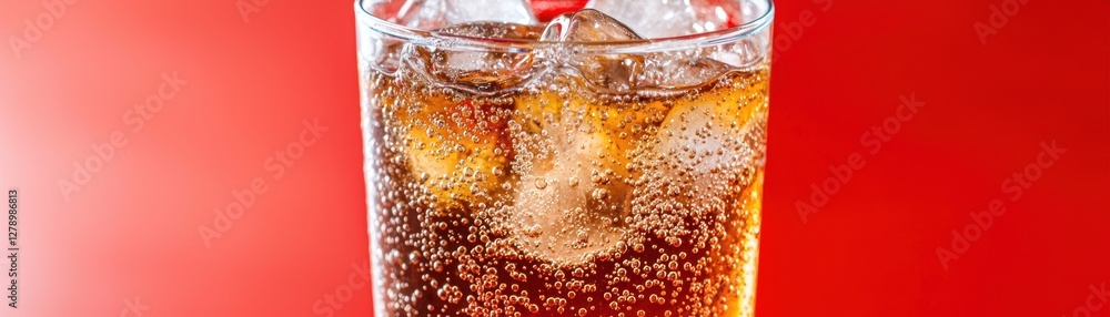 A refreshing glass of fizzy cola with ice, set against a vibrant red background, highlighting its bubbles and carbonation. A refreshing glass of fizzy cola with ice, set against a vibrant red background, highlighting its bubbles and carbonation.