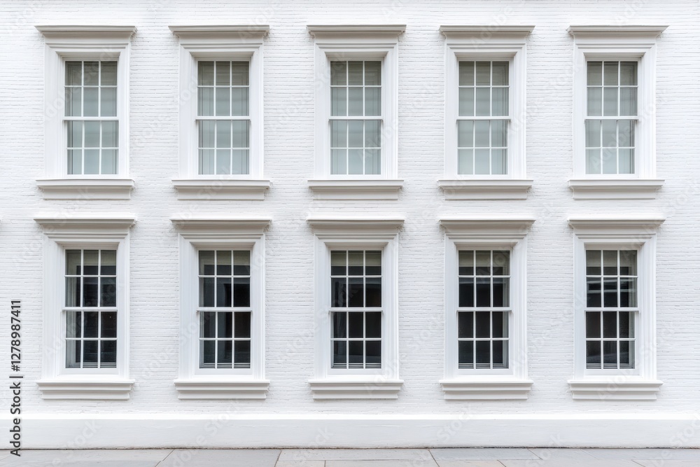 Elegant white building facade with symmetrical windows showcasing classic architectural design and modern aesthetics, urban living concept Elegant white building facade with symmetrical windows showcasing classic architectural design and modern aesthetics, urban living concept