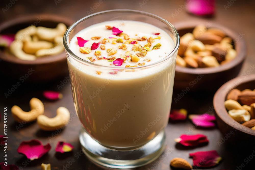 A glass of lassi, an Indian milk drink with white colored liquid and rose petals sprinkled on top A glass of lassi, an Indian milk drink with white colored liquid and rose petals sprinkled on top