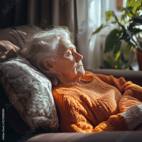 elderly grandmother sitting on the sofa and sleeping, rest