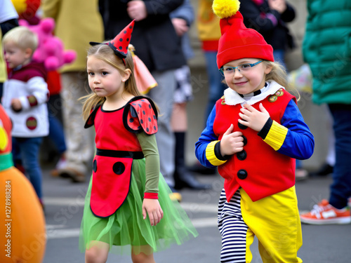 Children wearing costumes walking in street parade photo