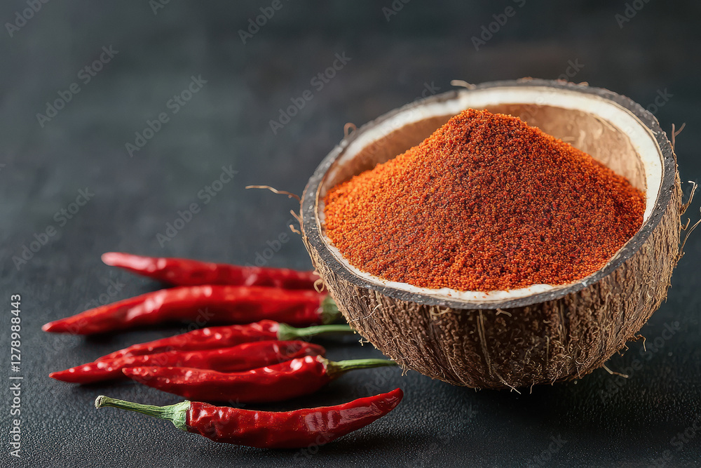Red chili powder in a coconut shell with dried red chilies on a dark background Red chili powder in a coconut shell with dried red chilies on a dark background