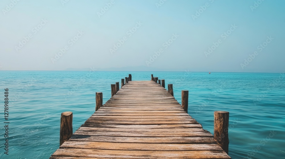 A weathered wooden pier reaching out into the ocean, surrounded by the vast blue sea and a clear sky. A weathered wooden pier reaching out into the ocean, surrounded by the vast blue sea and a clear sky.