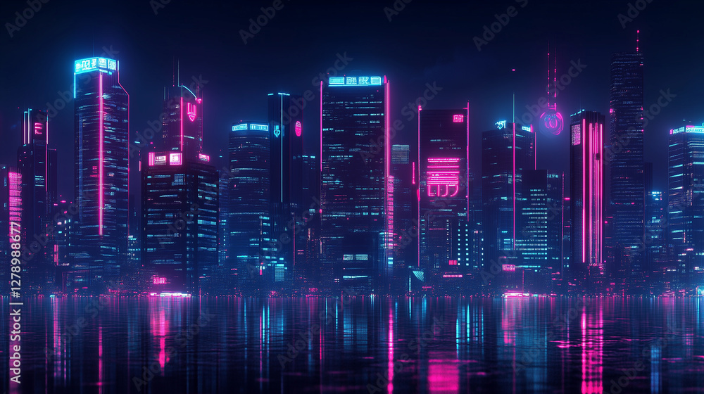 Nighttime panoramic view of a vibrant cityscape with illuminated office buildings Nighttime panoramic view of a vibrant cityscape with illuminated office buildings