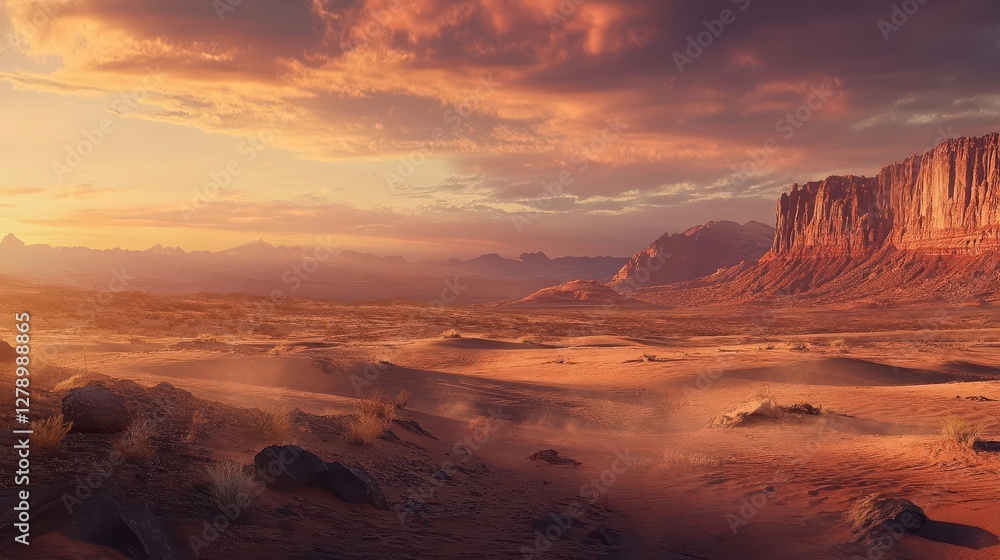 Naklejka premium Stunning Arizona desert panorama with rugged red rock formations vast arid dunes and a dramatic sunset sky capturing the raw beauty of nature