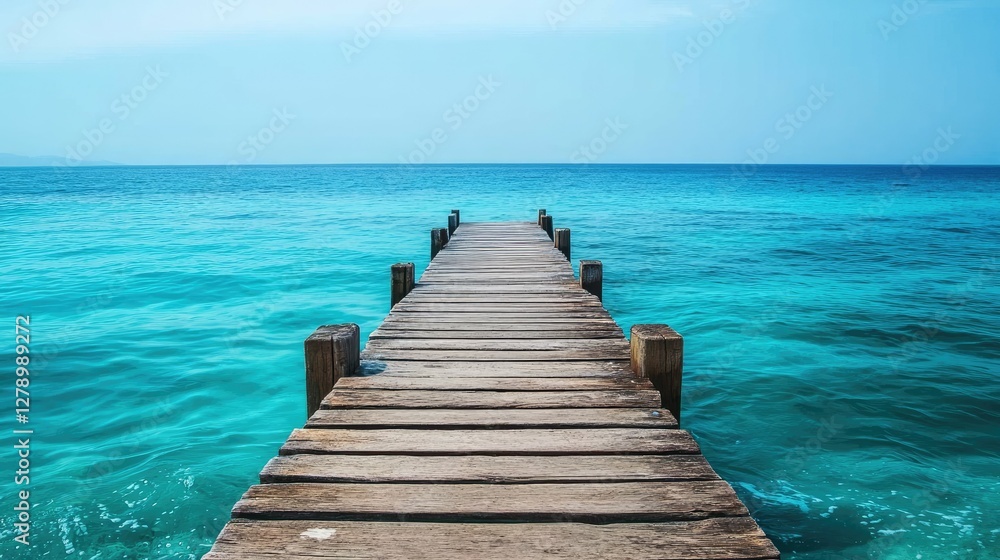 Obraz premium A wooden pier extending toward the ocean, with turquoise water gently surrounding the structure.