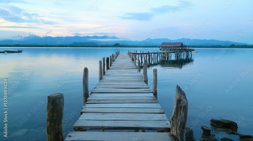 Fototapeta premium A wooden pier stretching across the peaceful sea, with the early morning light casting soft reflections on the water.