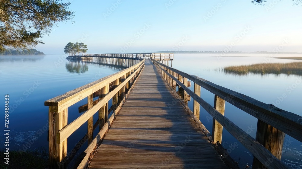 Naklejka premium A wooden pier stretching across the peaceful sea, with the early morning light casting soft reflections on the water.