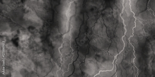 Thunder, lightnings and rain on a stormy summer night in black and white. Lightning bolts in the sky at night. 

