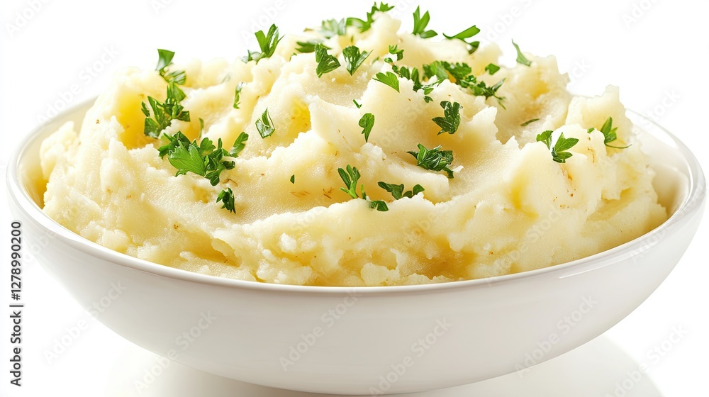 Buttery mashed potatoes with a touch of creaminess, garnished with fresh parsley, presented in a simple white bowl against a pure white background. Buttery mashed potatoes with a touch of creaminess, garnished with fresh parsley, presented in a simple white bowl against a pure white background.