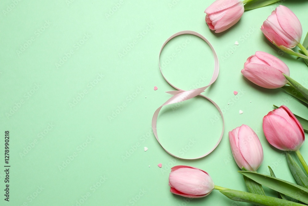 Fototapeta premium 8 March, International Women's Day. Figure eight made of pink ribbon with beautiful tulips on a color background. Space for text