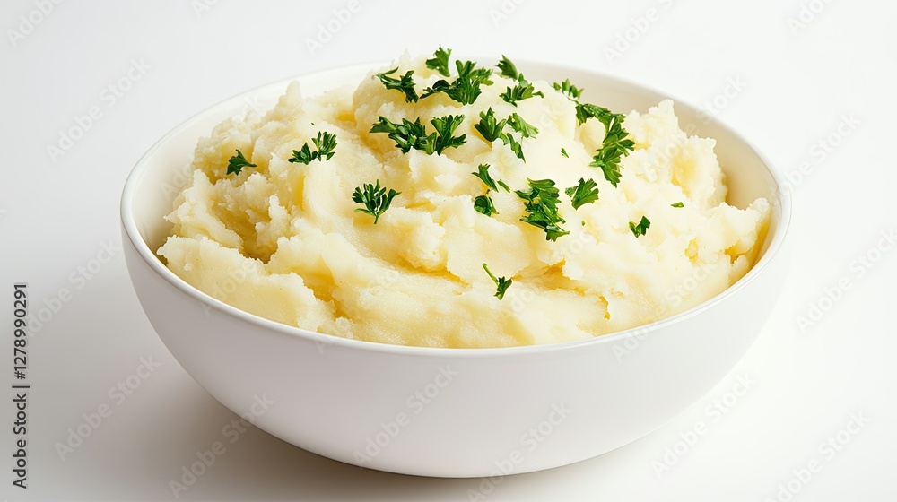 Buttery mashed potatoes with a touch of creaminess, garnished with fresh parsley, presented in a simple white bowl against a pure white background. Buttery mashed potatoes with a touch of creaminess, garnished with fresh parsley, presented in a simple white bowl against a pure white background.