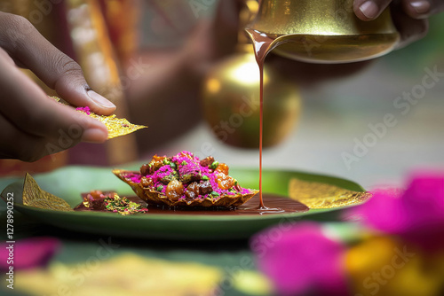 A close up of an Indian sweet beetle leaf dish, the green plate has dark red colored jaggery on top photo