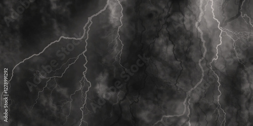 Thunder, lightnings and rain on a stormy summer night in black and white. Lightning bolts in the sky at night. 

