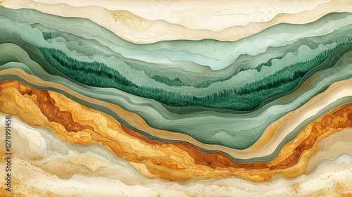 Wallpaper Mural Abstract Landscape with Layered Mountains in Green and Earth Tones for Nature Aesthetic Torontodigital.ca