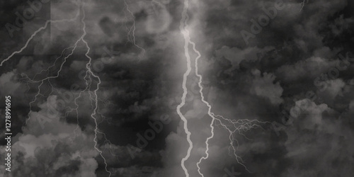 Thunder, lightnings and rain on a stormy summer night in black and white. Lightning bolts in the sky at night. 

