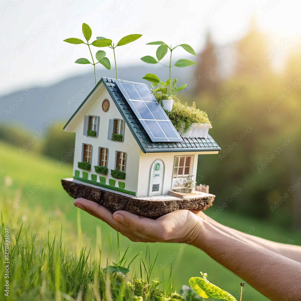 custom made wallpaper toronto digitalHouse energy efficiency, energy efficient rating class concept, eco home renovation save cost. Low-consumption ecological house. Hand holding Green Building for Sustainable Development Concept,estate,
