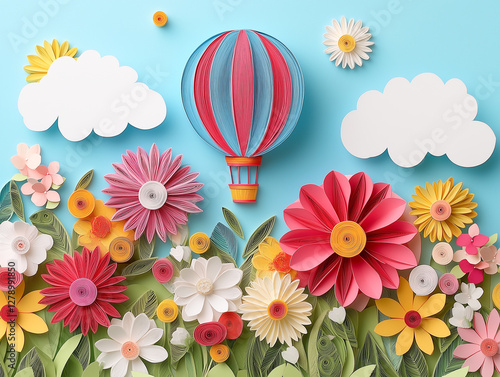 Summer country landscape with flowers and air balloon in paper quilling art.