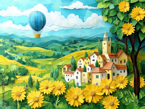Summer country landscape with town and air balloon in paper quilling art.