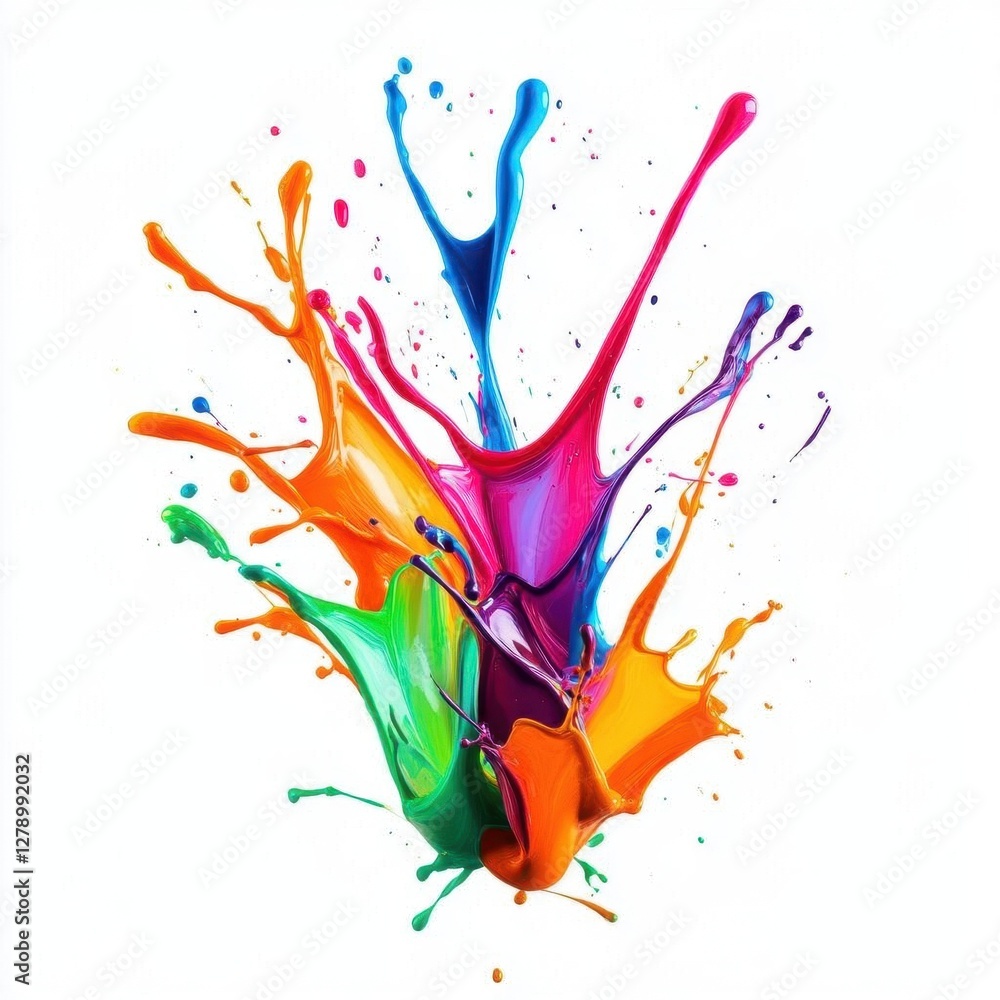 Obraz premium Vibrant Colorful Paint Splash as an Isolated Abstract Design Element on Pristine White Background Perfect for Creative Graphic and Art Projects