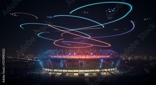 Stadium at Night with Drone Light Show Colorful Display Above