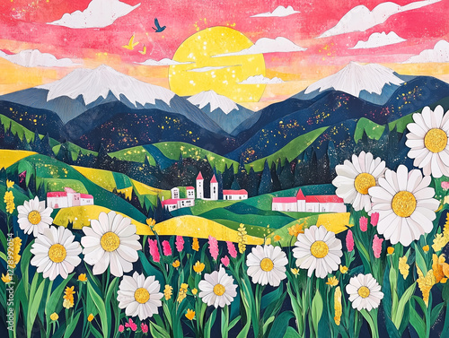 Summer country landscape illustration.