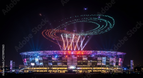 Illuminated Stadium at Night with Drone Light Show Spectacle