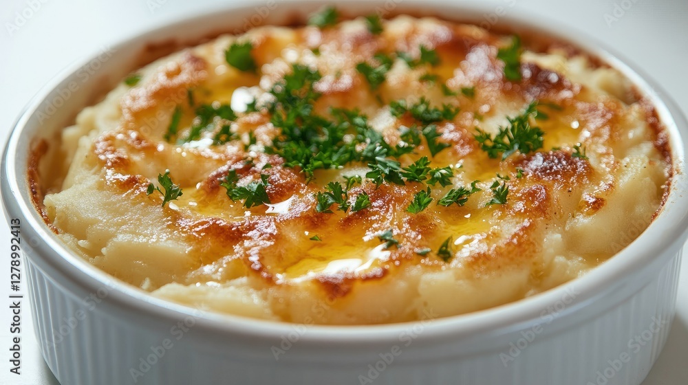 Steaming hot mashed potatoes with golden butter melting on top, garnished with fresh parsley in a round white dish on a plain white backdrop. Steaming hot mashed potatoes with golden butter melting on top, garnished with fresh parsley in a round white dish on a plain white backdrop.