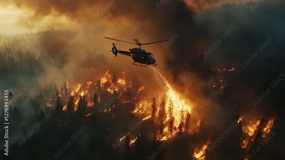 Aerial view of a helicopter dropping water on a blazing forest fire with smoke billowing in the background. Aerial view of a helicopter dropping water on a blazing forest fire with smoke billowing in the background.