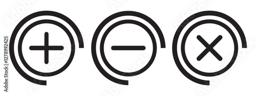Add and remove round button icons. Plus minus circular web element icon. isolated on white and black background.eps10