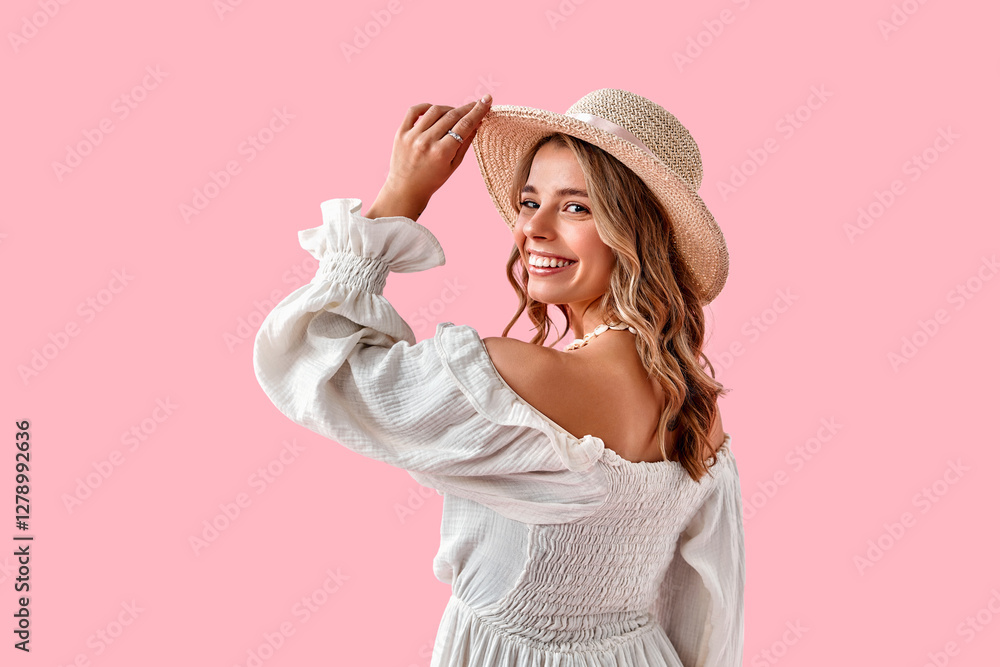 Portrait of a beautiful smiling young blonde woman in a beige dress with ruffles and a hat. Concept of beauty and tenderness. Portrait of a beautiful smiling young blonde woman in a beige dress with ruffles and a hat. Concept of beauty and tenderness.