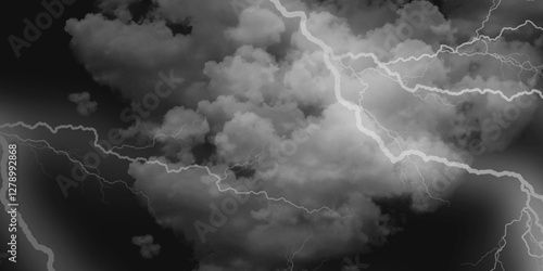 Thunder, lightnings and rain on a stormy summer night in black and white. Lightning bolts in the sky at night. 

