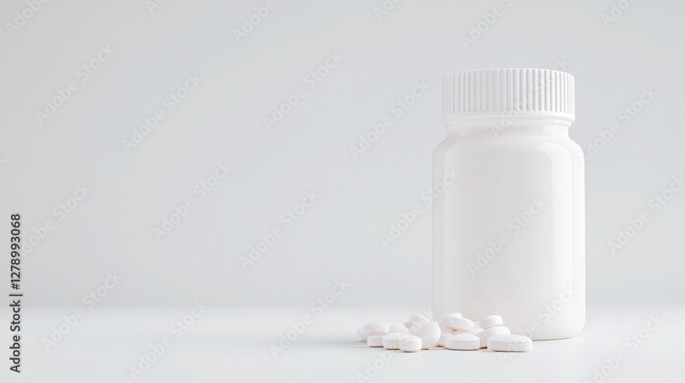 Pills spilling out from white plastic bottle Pills spilling out from white plastic bottle