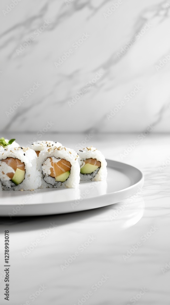 sushi rolls with vibrant slices of salmon, tuna, and avocado wrapped in pearly white rice and delicate nori sheets sushi rolls with vibrant slices of salmon, tuna, and avocado wrapped in pearly white rice and delicate nori sheets
