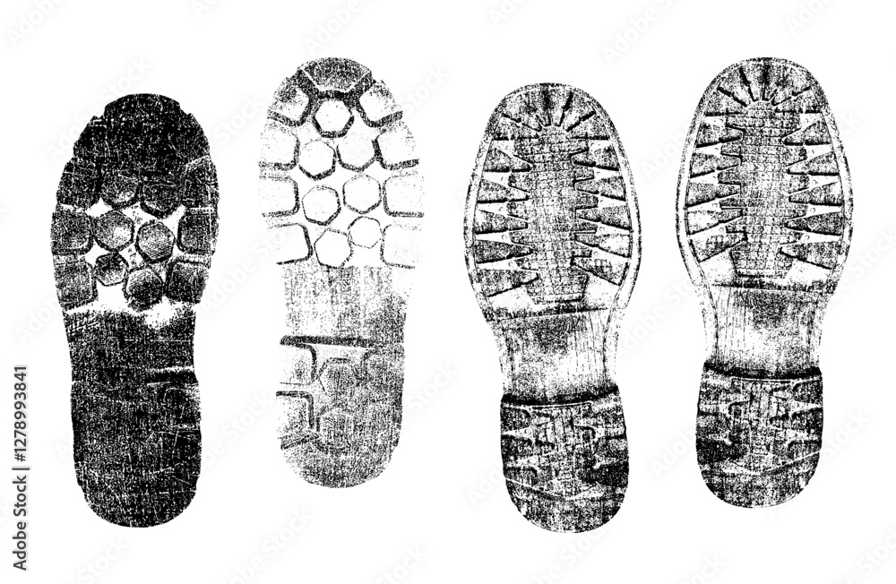 Shoe print set, black silhouette on snow, distressed, uneven, isolated. Dirt splash grunge texture. Vector print texture. Grunge design element. Shoes foot printing icon symbol vector set. Shoe print set, black silhouette on snow, distressed, uneven, isolated. Dirt splash grunge texture. Vector print texture. Grunge design element. Shoes foot printing icon symbol vector set.