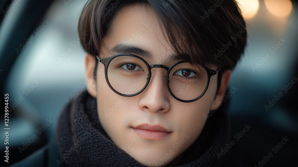 A close-up portrait of a young asian man. They are wearing black, thick-framed glasses that sit slightly low on their nose. A soft black scarf is wrapped snugly around their neck A close-up portrait of a young asian man. They are wearing black, thick-framed glasses that sit slightly low on their nose. A soft black scarf is wrapped snugly around their neck
