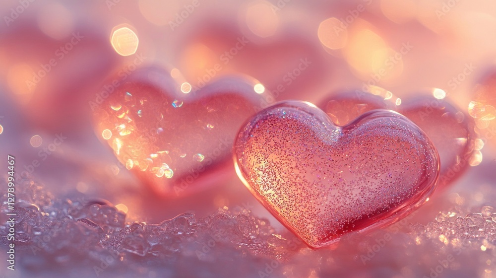 Obraz premium Pink Glittering Hearts on Sparkling Snow