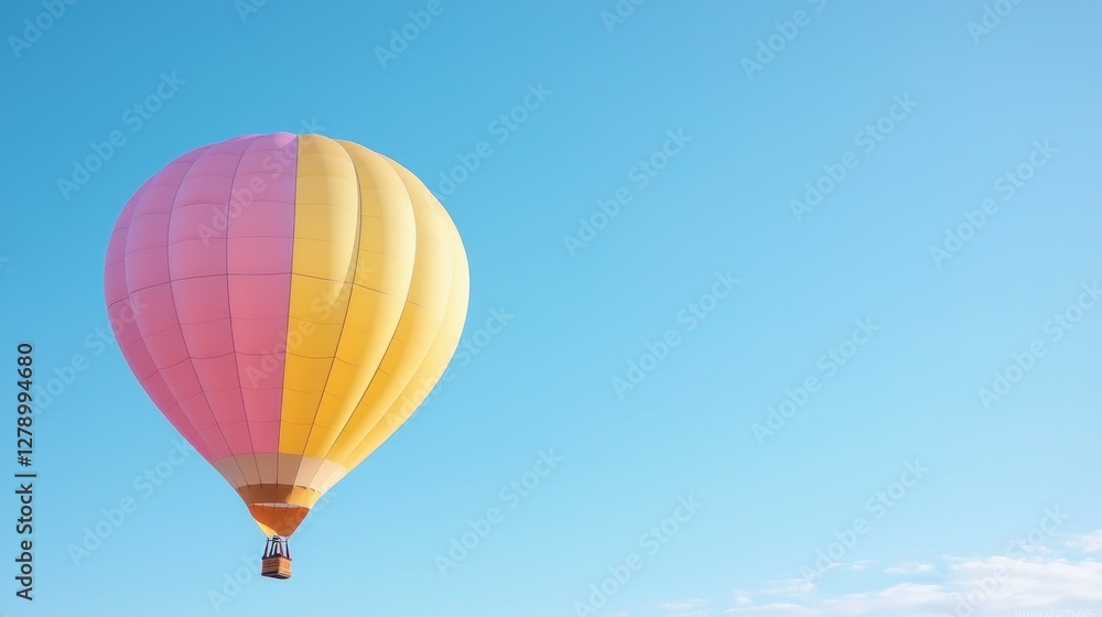 Fototapeta premium Pink yellow hot air balloon flight, clear sky. Travel adventure