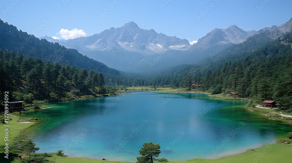 Fototapeta premium Turquoise Lake Surrounded by Lush Green Forest and Majestic Mountains Landscape